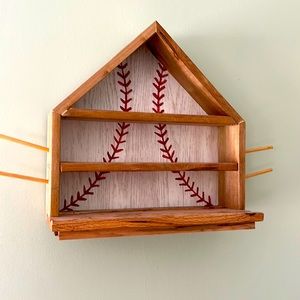 BASEBALL SHELF WITH SLIDES FOR BATS AND CHAMPIONSHIP RINGS
